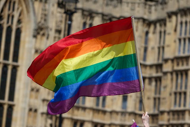 <p>File: A gay campaigner waves the rainbow flag during a rally outside the houses of parliament </p>