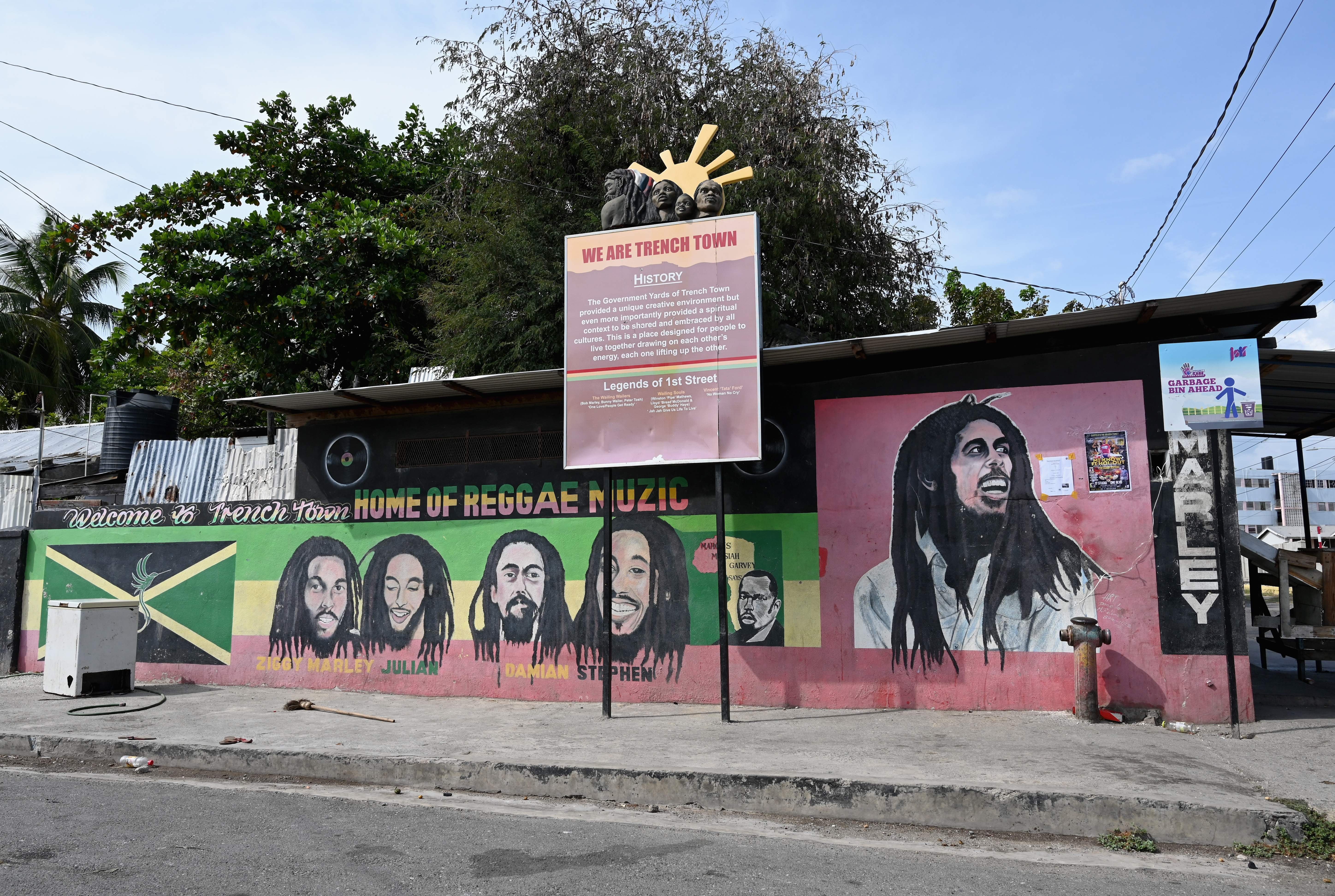 A mural of Bob Marley and his sons adorns the Trench Town neighborhood of Kingston, Jamaica