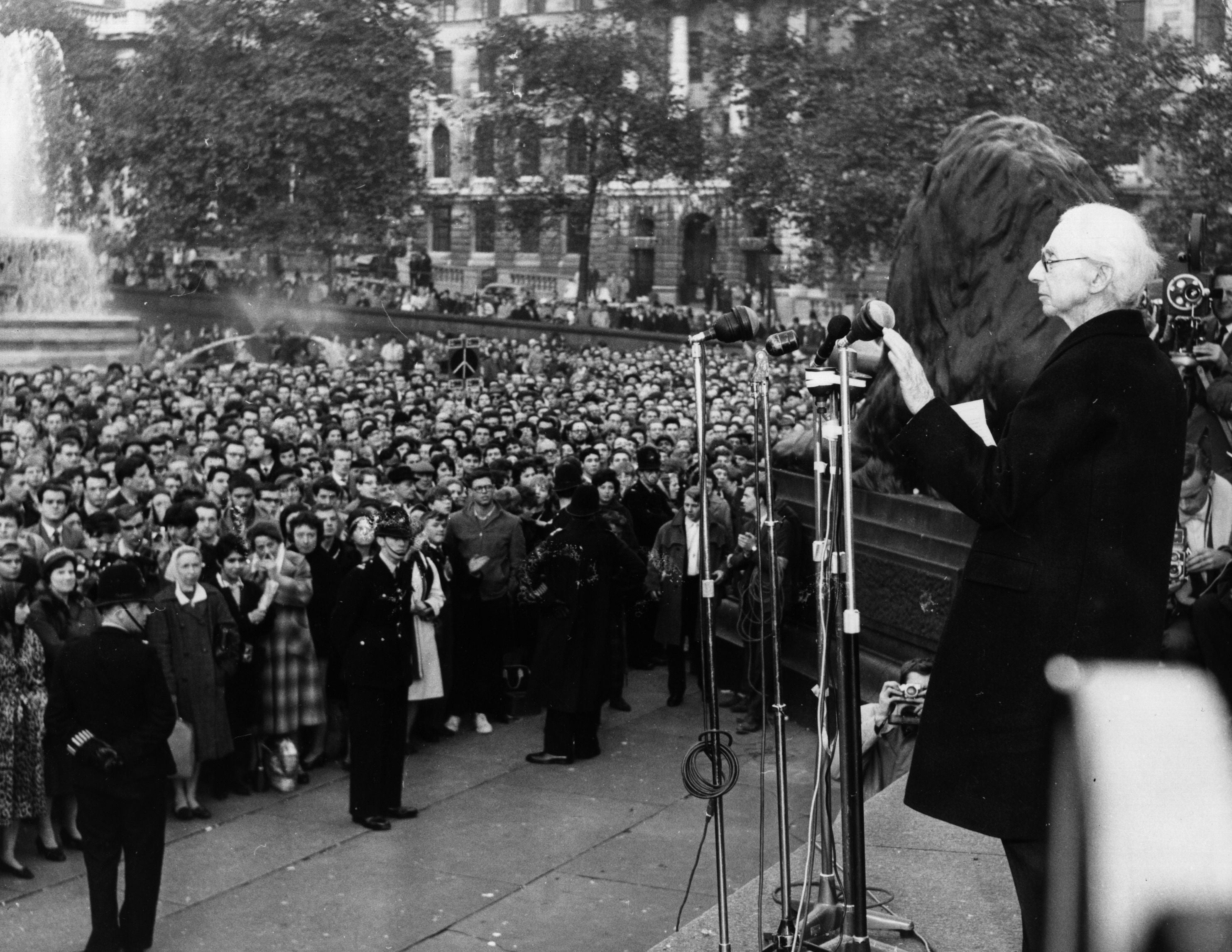 Speaking at a ban the bomb demonstration in Trafalgar Square in 1961