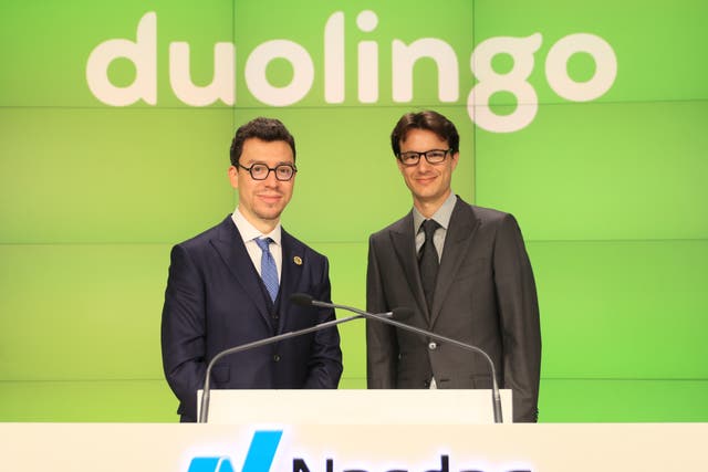 <p>Duolingo’s Luis von Ahn (left) and Severin Hacker </p>