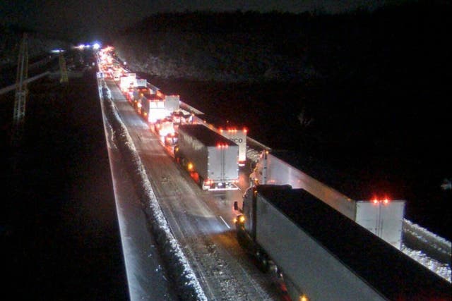 <p>This image provided by the Virginia department of Transportation shows a closed section of Interstate 95 near Fredericksburg, Va. on Tuesday 4 January, 2022</p>