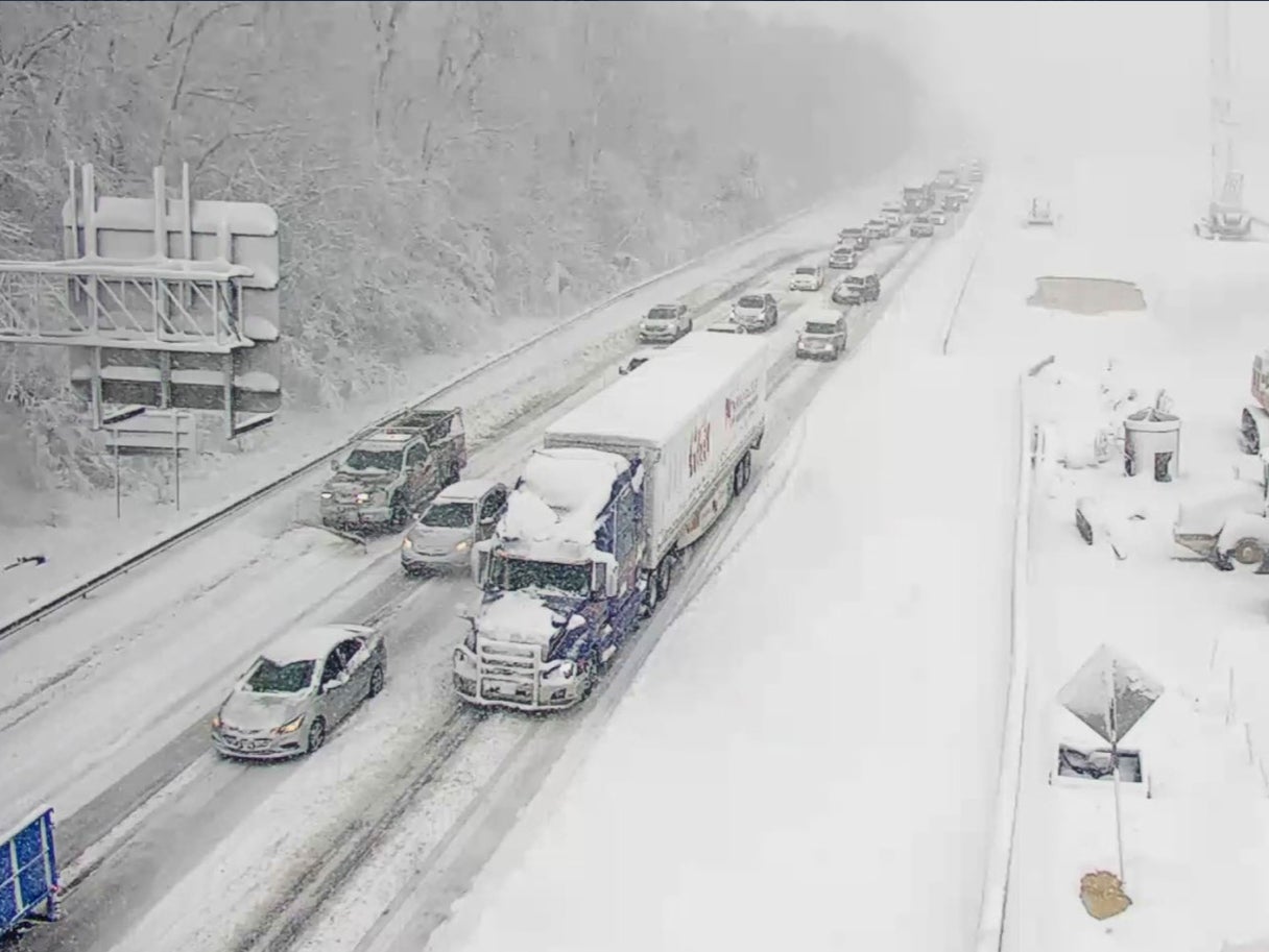 This image provided by the Virginia Department of Transportation shows a closed section of Interstate 95 near Fredericksburg, Virginia, on Monday 3 Jan
