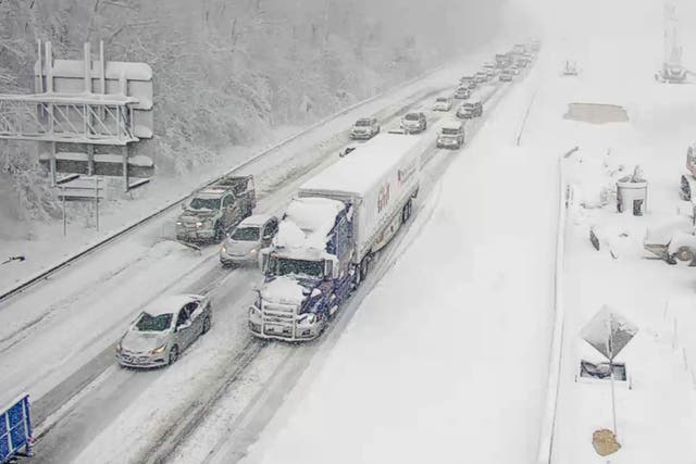 <p>This image provided by the Virginia Department of Transportation shows a closed section of Interstate 95 near Fredericksburg, Va. Monday Jan. 3, 2022</p>