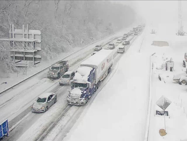 <p>This image provided by the Virginia Department of Transportation shows a closed section of Interstate 95 near Fredericksburg, Va. Monday Jan. 3, 2022</p>