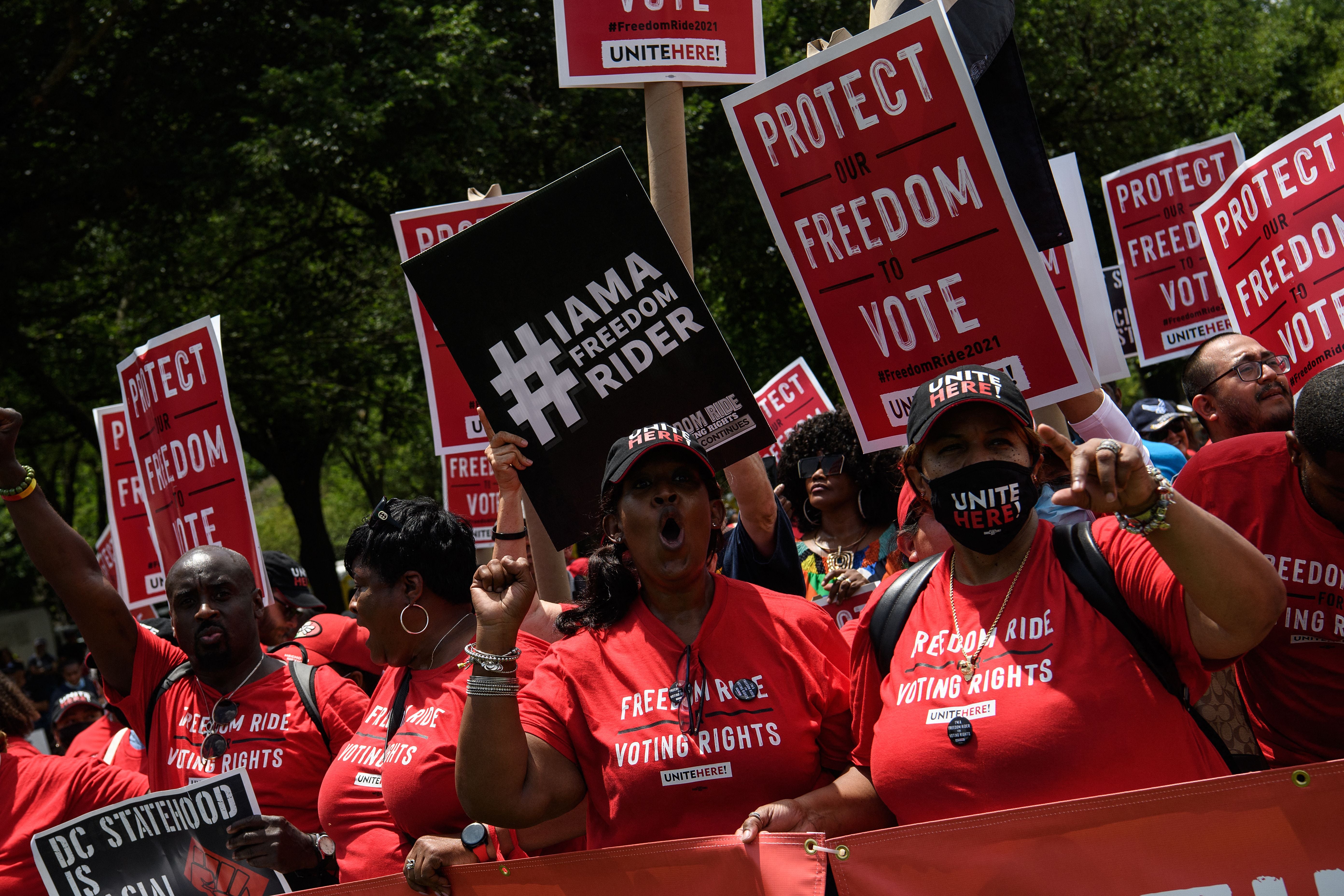A rally supporting Freedom Riders for Voting Rights in DC urged federal action to protect the right to vote on 26 June 2021 following state legislative attempts to restrict ballot access