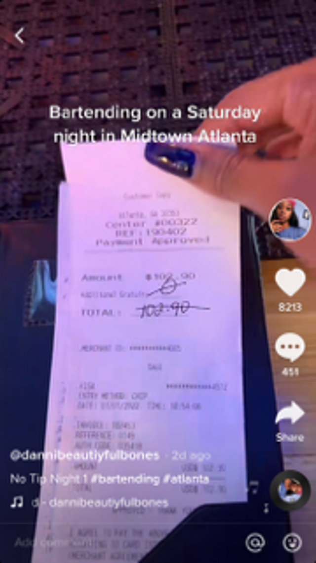 El barman de Atlanta publica en TikTok seis recibos sin propinas dejadas por los clientes