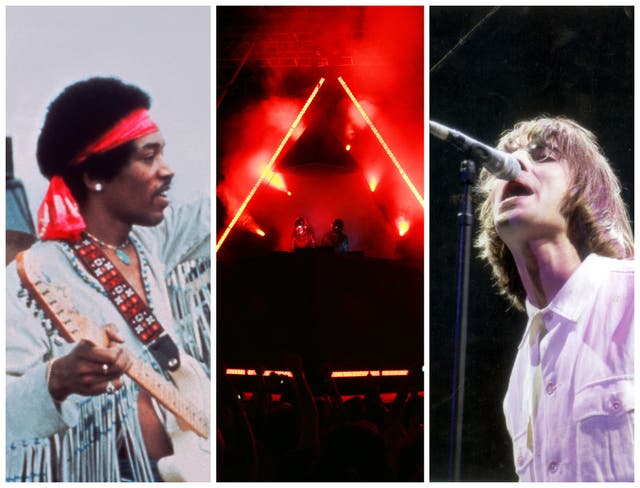 <p>L-R: Jimi Hendrix at Woodstock, Daft Punk at Coachella, at Liam Gallagher at Knebworth</p>