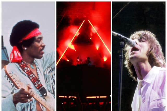 <p>L-R: Jimi Hendrix at Woodstock, Daft Punk at Coachella, at Liam Gallagher at Knebworth</p>