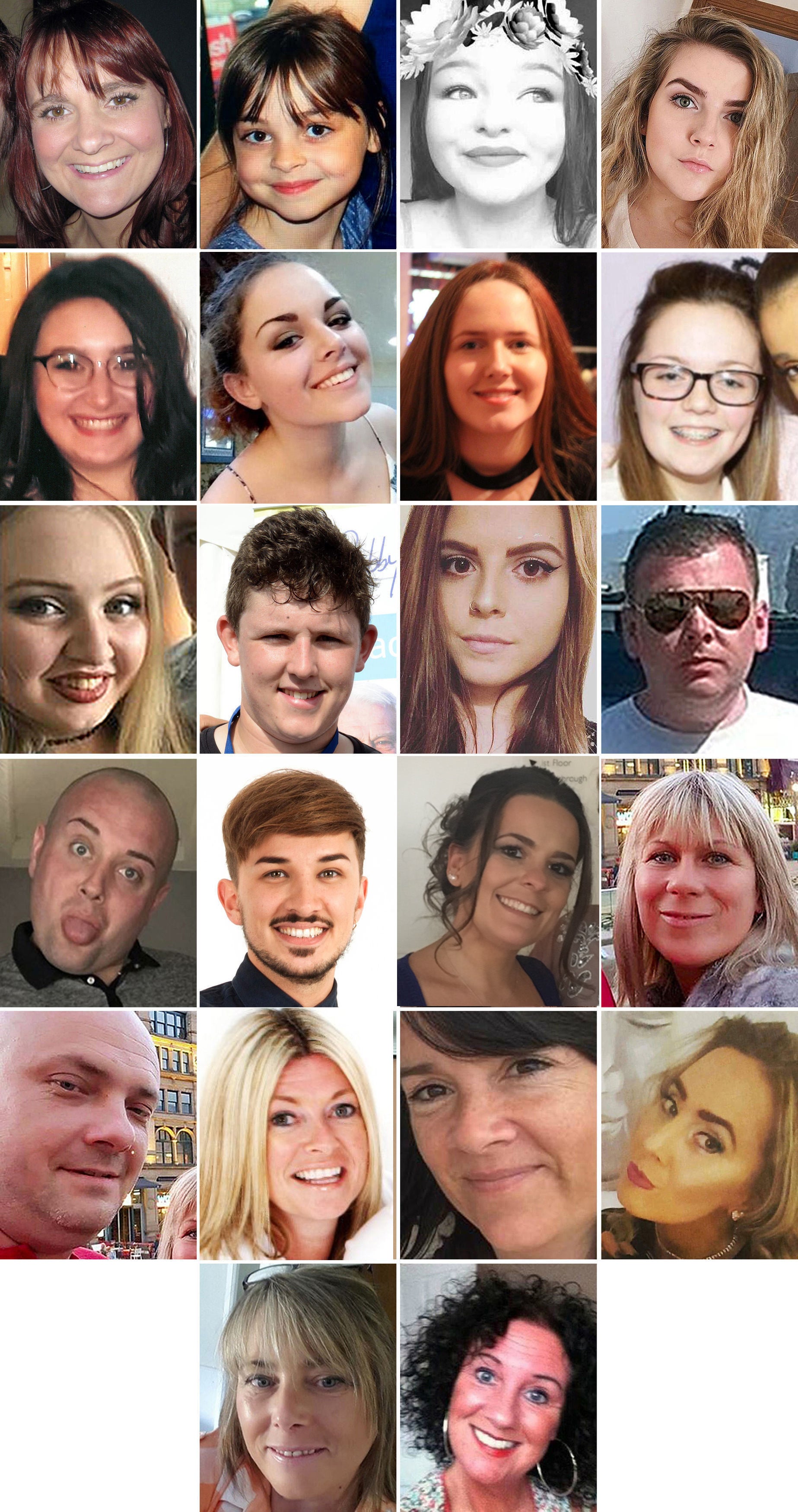 The 22 victims of the terror attack during the Ariana Grande concert at the Manchester Arena in May 2017. (Top row L to R) Off-duty police officer Elaine McIver, 43, Saffie Roussos, 8, Sorrell Leczkowski, 14, Eilidh MacLeod, 14, (2nd row L to R) Nell Jones, 14, Olivia Campbell-Hardy, 15, Megan Hurley, 15, Georgina Callander, 18, (3rd row L to R), Chloe Rutherford, 17, Liam Curry, 19, Courtney Boyle, 19, and Philip Tron, 32, (4th row L to R) John Atkinson, 26, Martyn Hett, 29, Kelly Brewster, 32, Angelika Klis, 39, (5th row L to R) Marcin Klis, 42, Michelle Kiss, 45, Alison Howe, 45, and Lisa Lees, 43 (6th row L to R) Wendy Fawell, 50 and Jane Tweddle, 51 (Greater Manchester Police/PA)