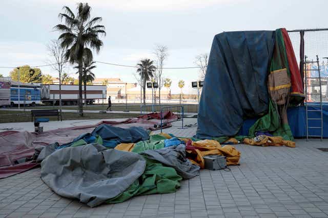 <p>View of the bouncy castle after the attraction was lifted up by a gust of wind causing the death of an eight-year-old in the town of Mislata, Valencia</p>