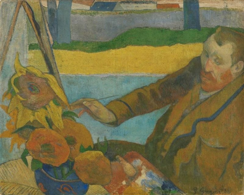 Paul Gauguin’s artwork of Van Gogh painting sunflowers, 1888