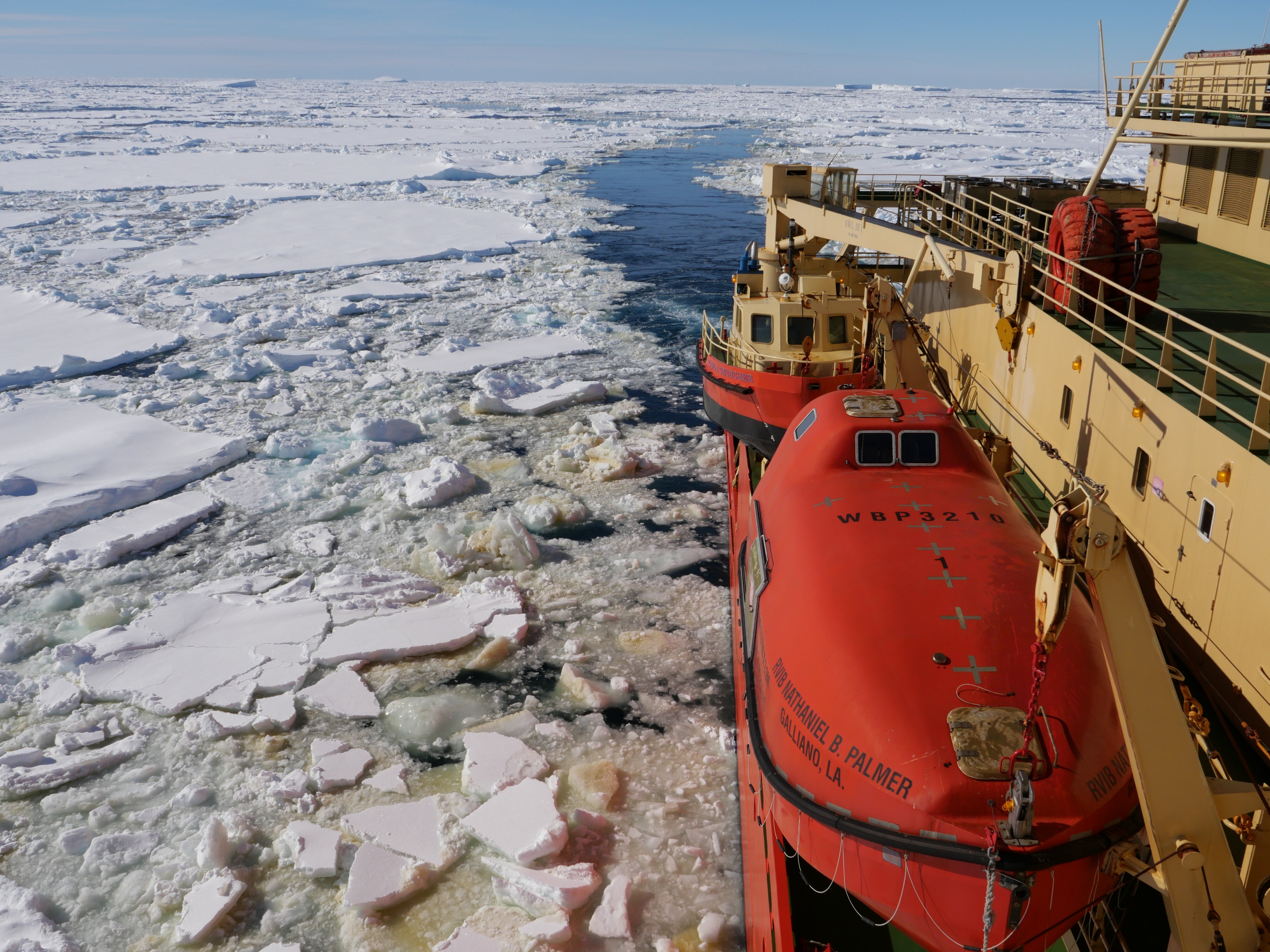 The Nathanial B Palmer moving through sea ice. The 65-day mission will yield important data on the condition of the Thwaites glacier and the risk it poses