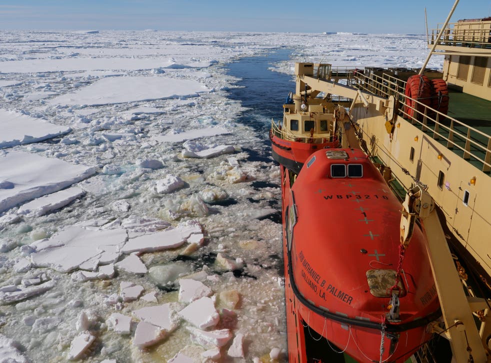 <p>The Nathanial B Palmer moving through sea ice. The 65-day mission will yield important data on the condition of the Thwaites glacier and the risk it poses</p>