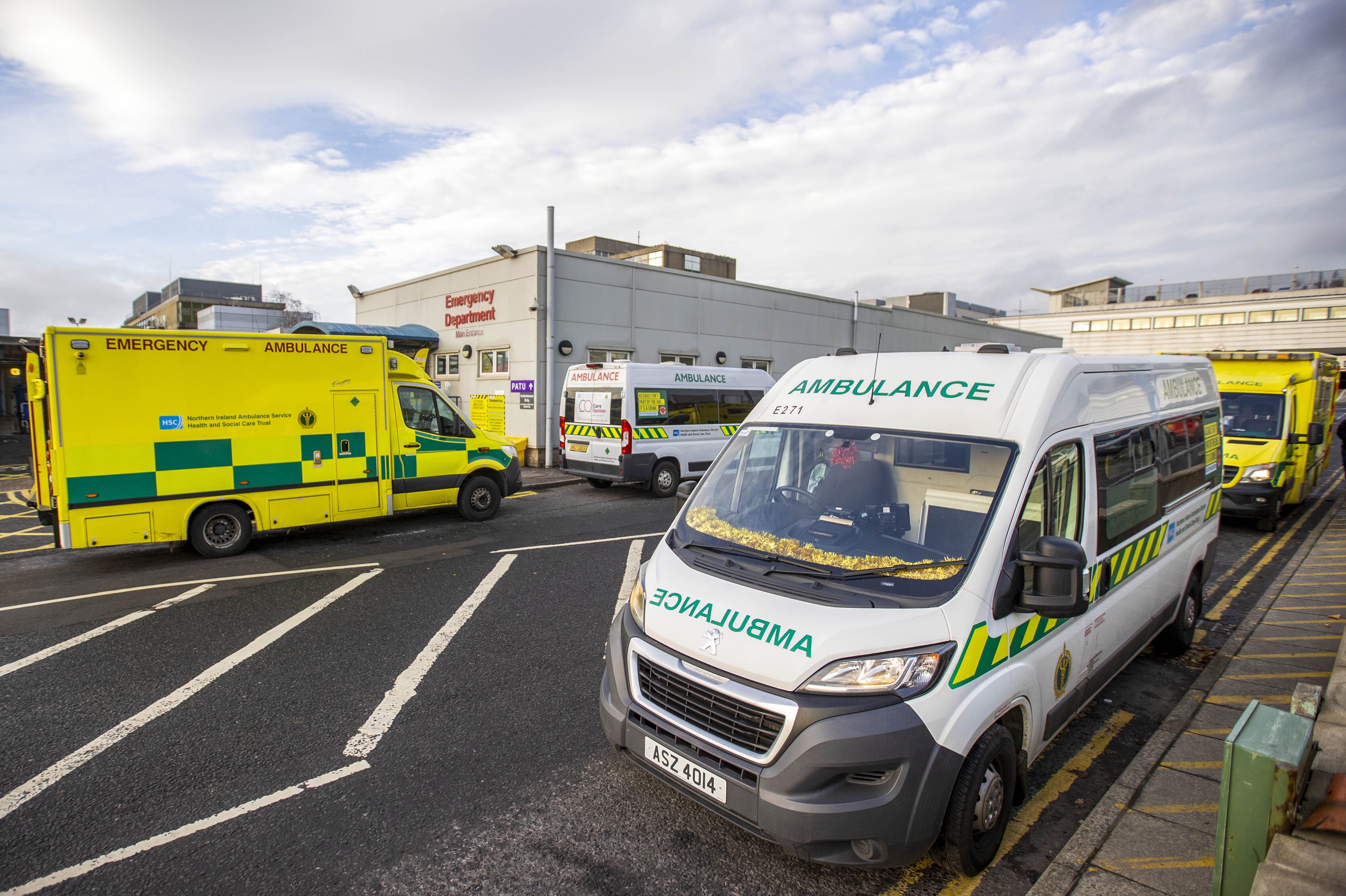 Ambulance parked outside main entrance to the Emergency Department of Dundonald Hospital in Belfast, Northern Ireland. (Liam McBurney/PA)