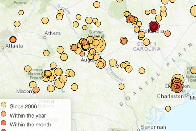 <p>South Carolina Department of Natural Resources data showing the number of recent earthquakes in the state</p>