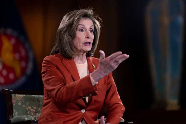 <p>Speaker of the House Nancy Pelosi talks about the impact of the 6 January attack by a mob at the US Capitol building</p>
