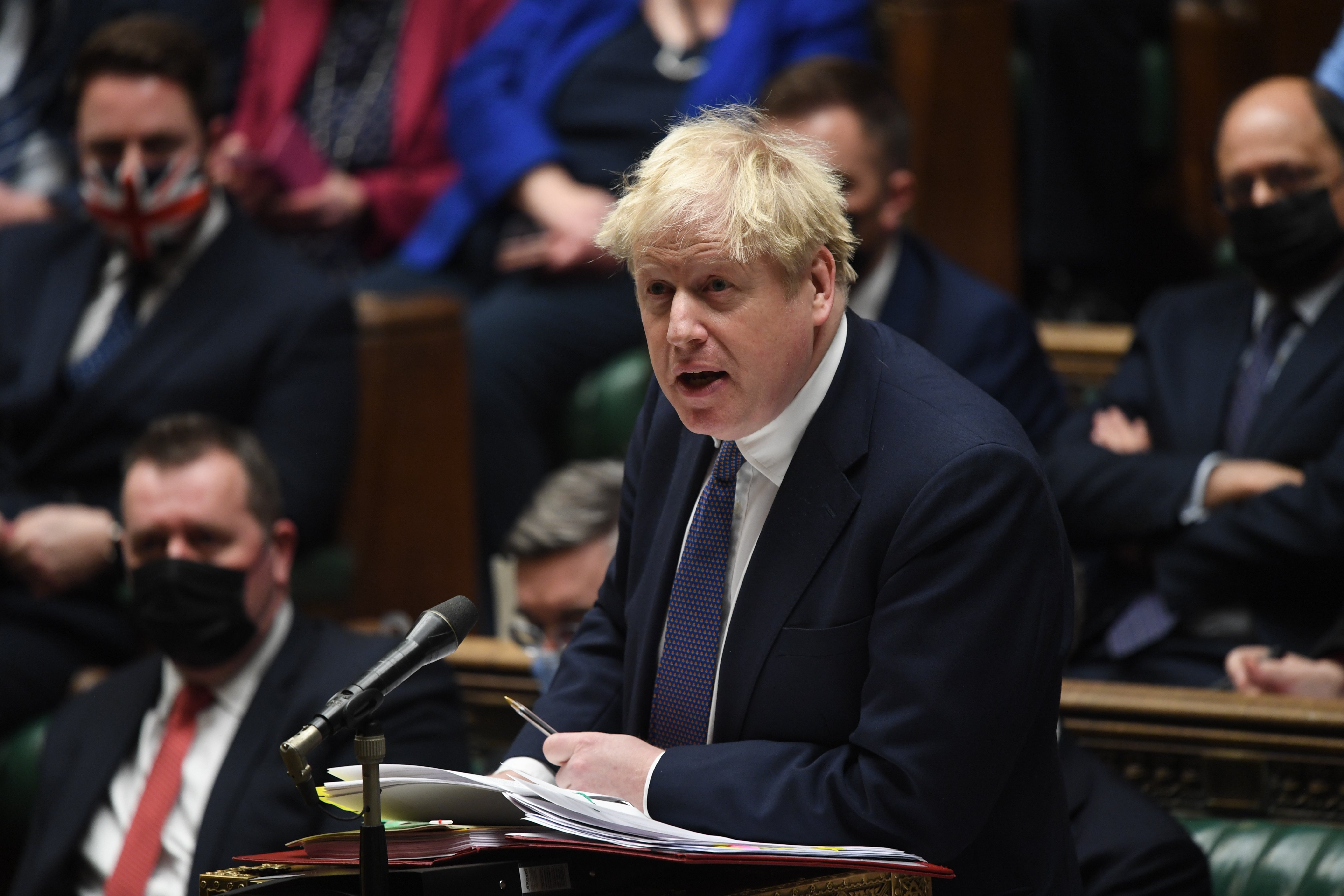 Handout photo issued by UK Parliament of Prime Minister Boris Johnson speaking during Prime Minister’s Questions. (UK Parliament/Jessica Taylor)