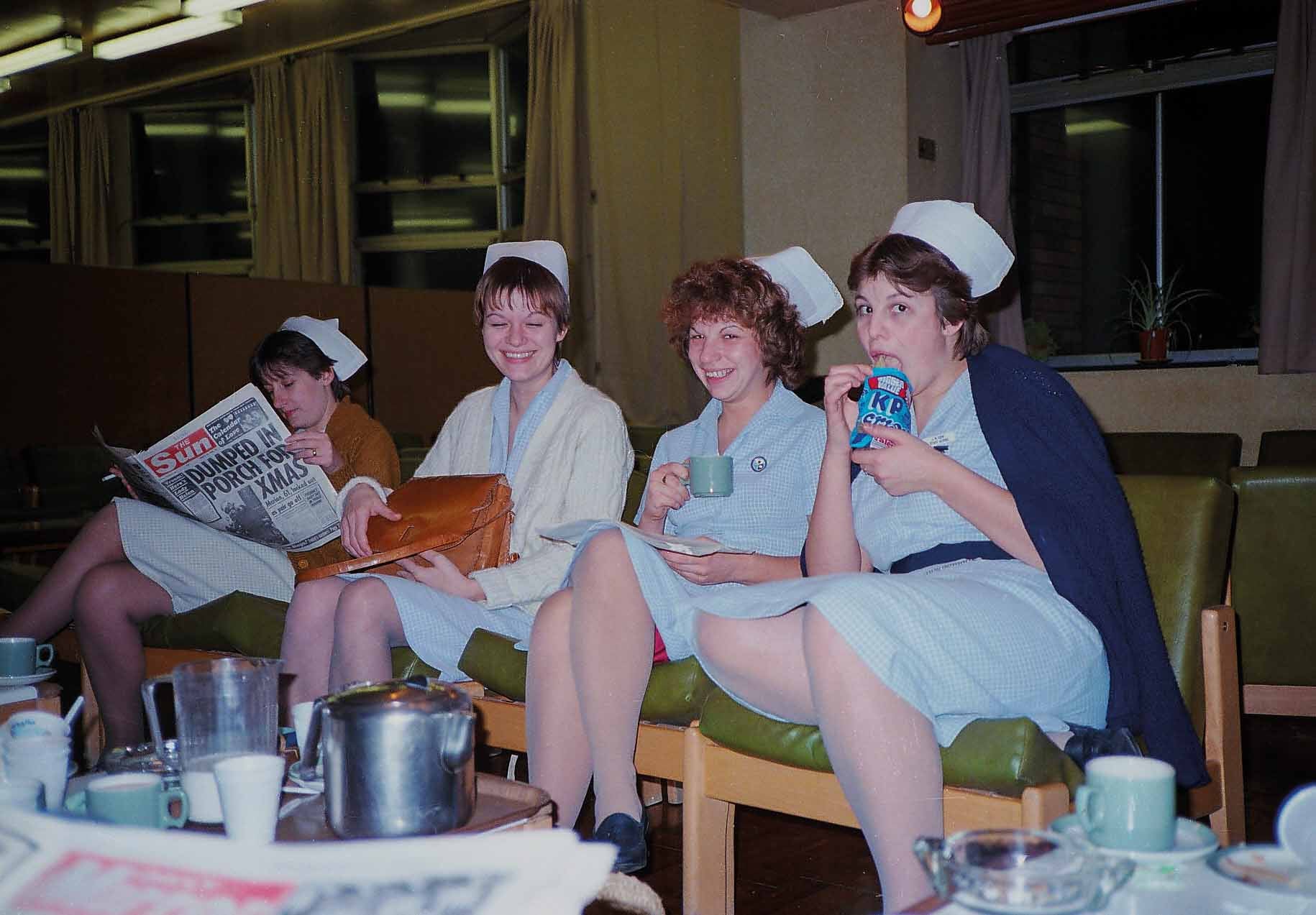 Nurses Karen Belson, Maggie Moore, Anita Downs and Jane Kew enjoy at tea break in 1983