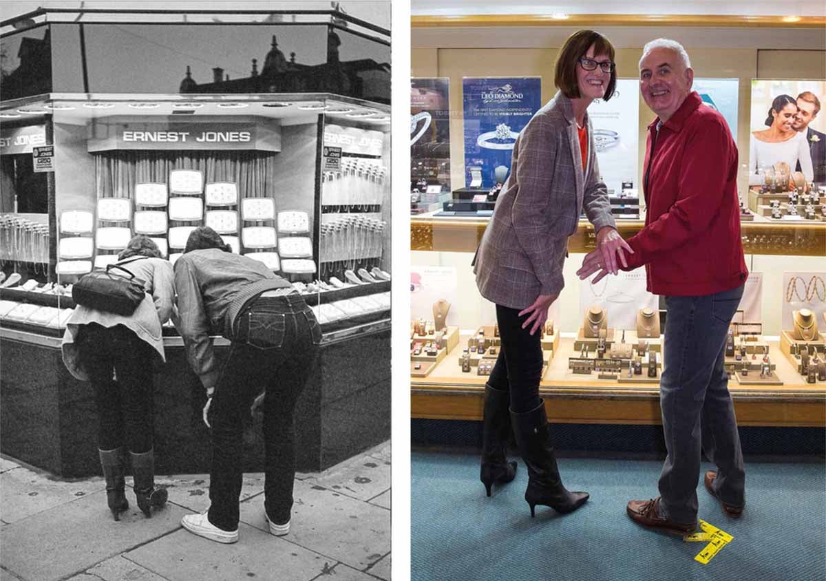 Howard and Sharon Marshall browsing wedding rings in 1981, and happy as ever in 2021