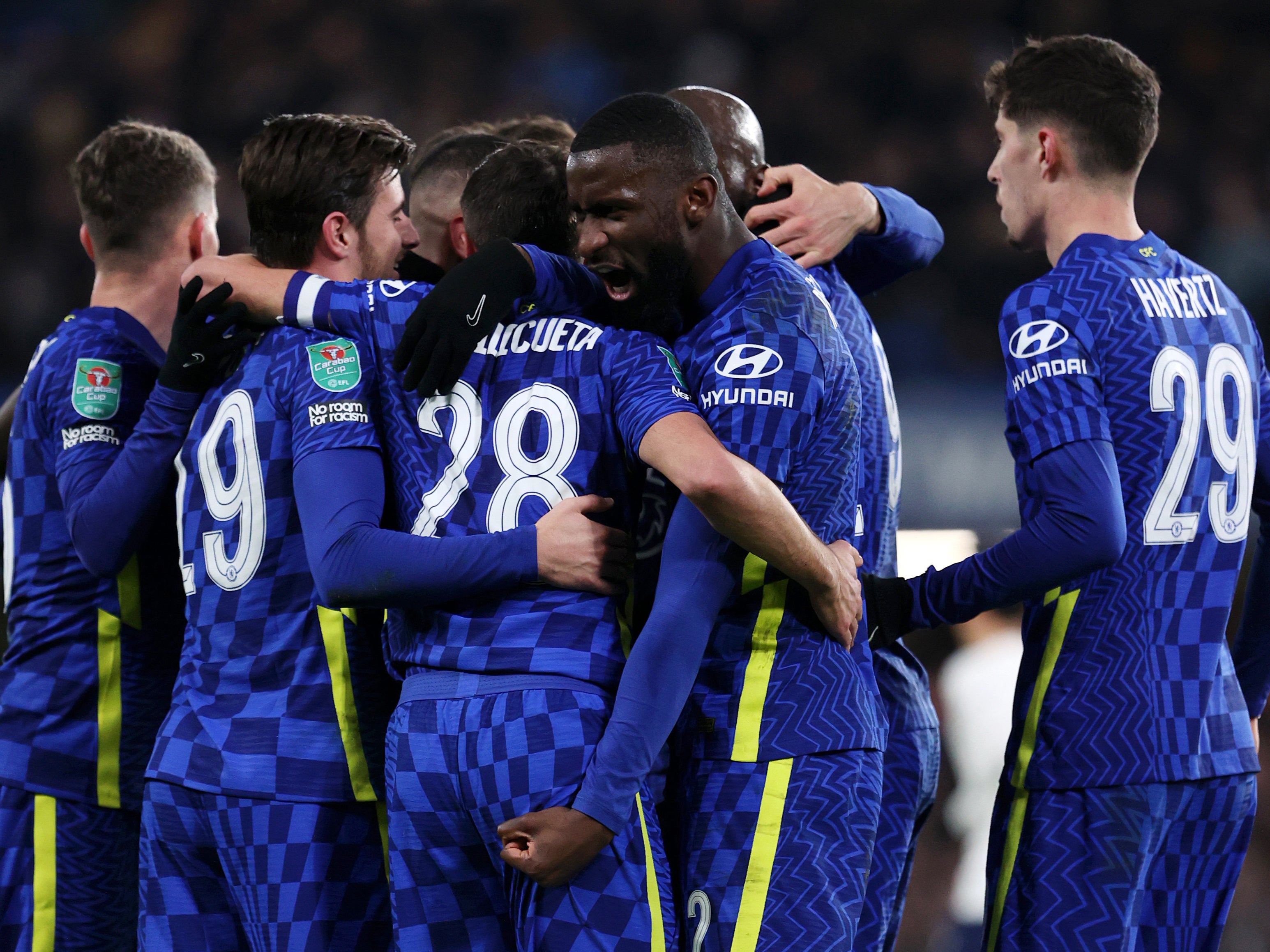 Antonio Rudiger celebrates as Chelsea make it 2-0 at Stamford Bridge over Tottenham