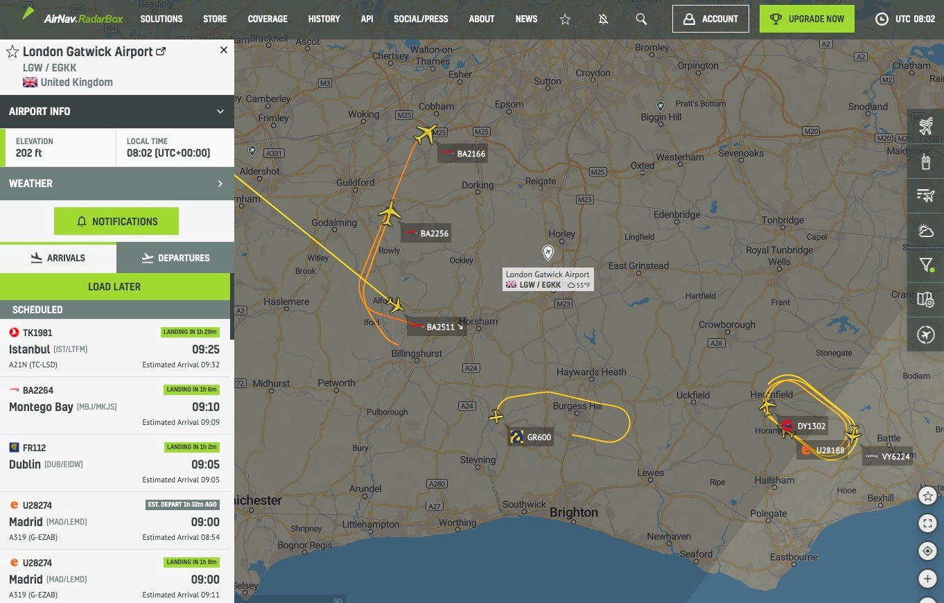 The diverted flights shown on Radarbox