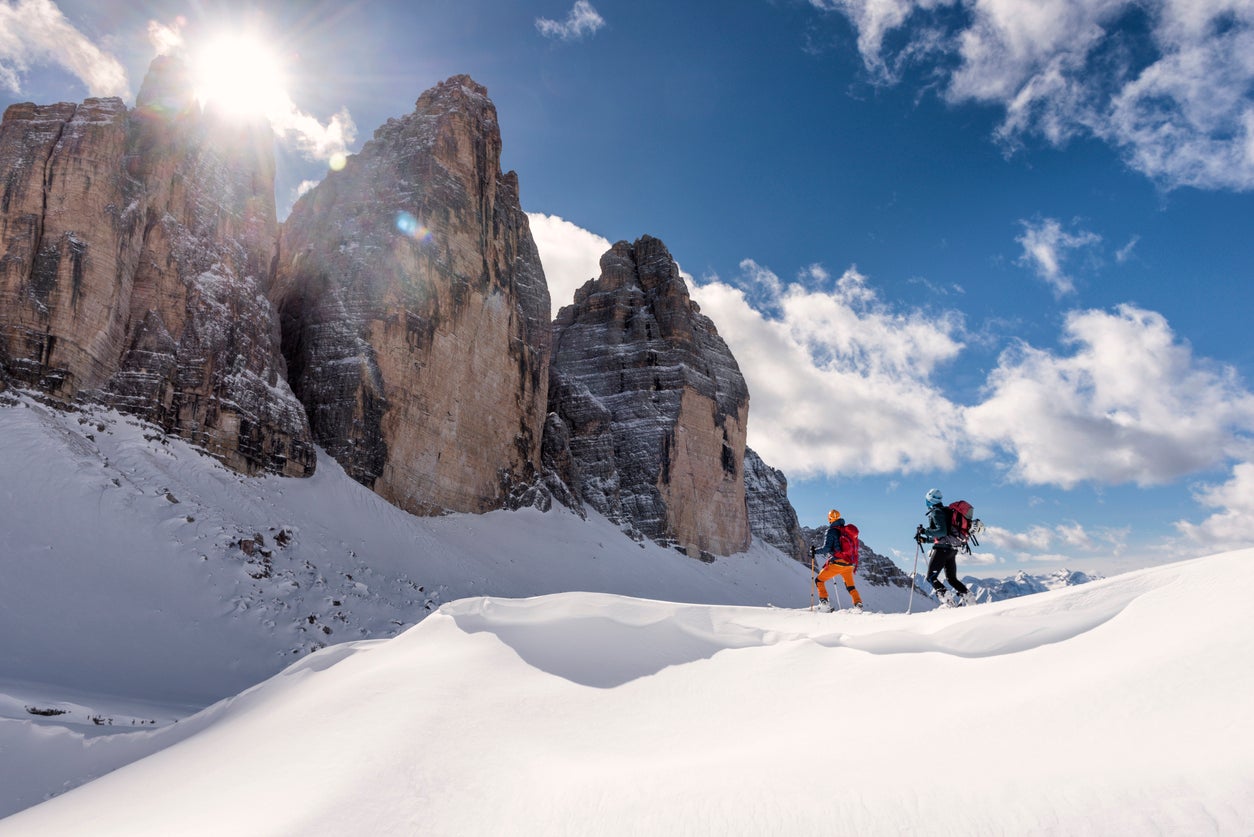 Skiers touring Italy’s Dolomites