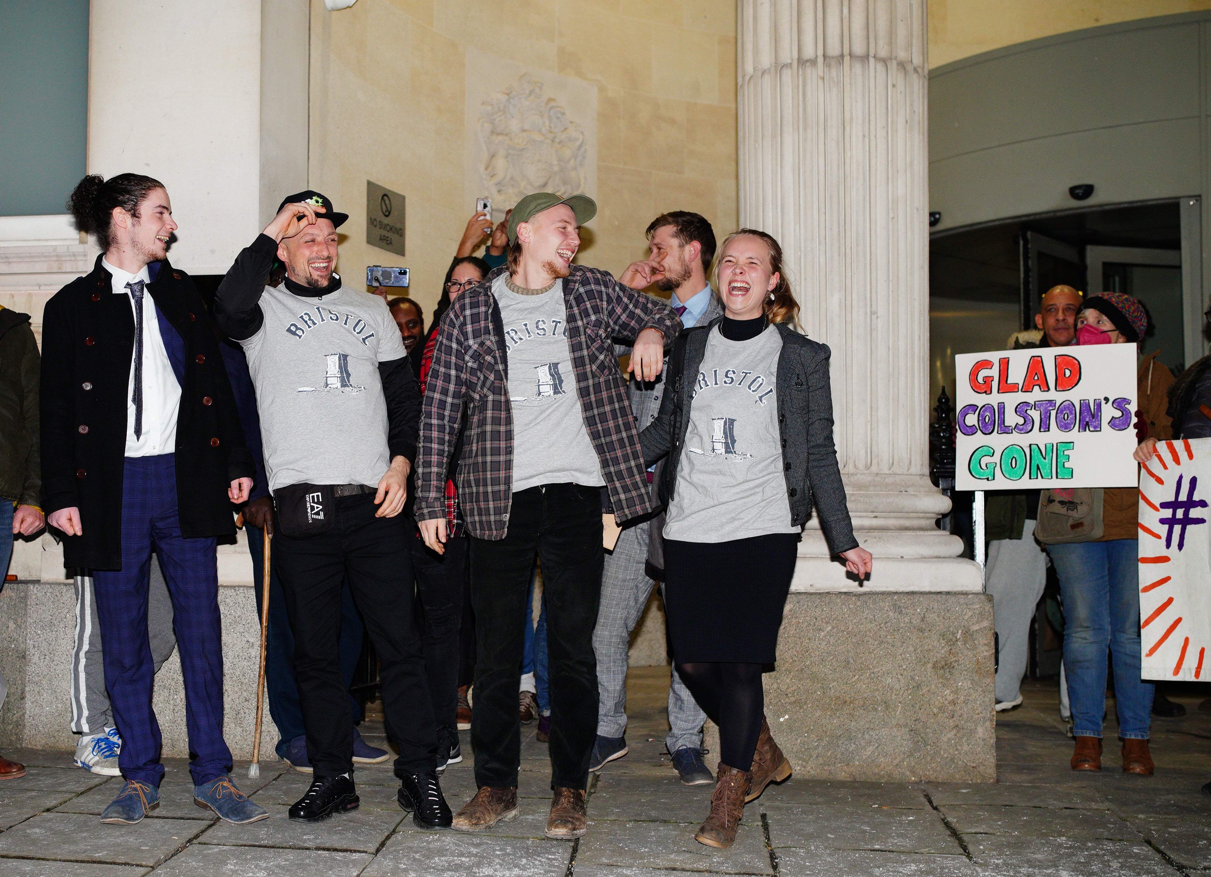 (L to R) Sage Willoughby, Jake Skuse, Milo Ponsford and Rhian Graham outside Bristol Crown Court after being cleared of criminal damage (Ben Birchall/PA)