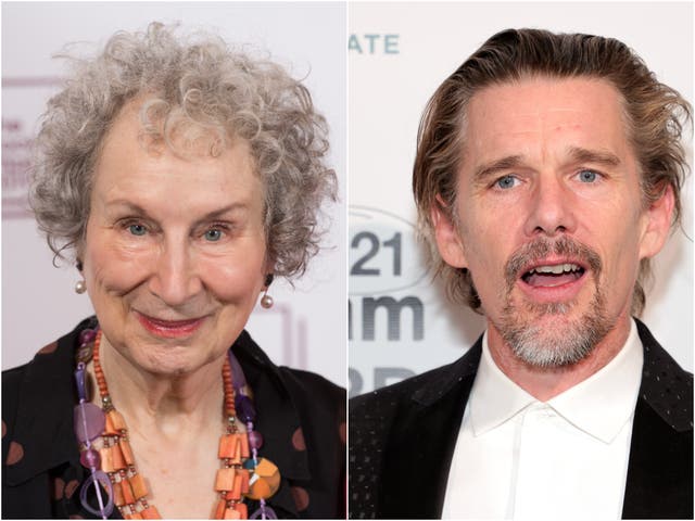 <p>Margaret Atwood and Ethan Hawke</p>