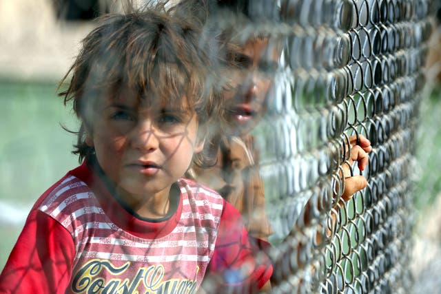 <p>Iraqi children look from behind a fence at the Al-Hol refugee camp in Syria</p>