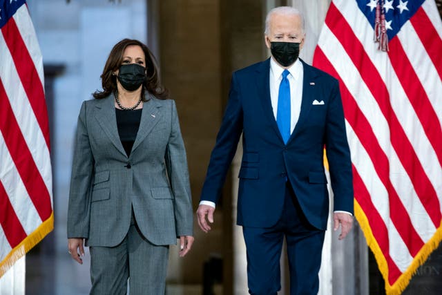<p>US president Joe Biden and vice president Kamala Harris arrive to speak on the anniversary of the Capitol Hill attack </p>