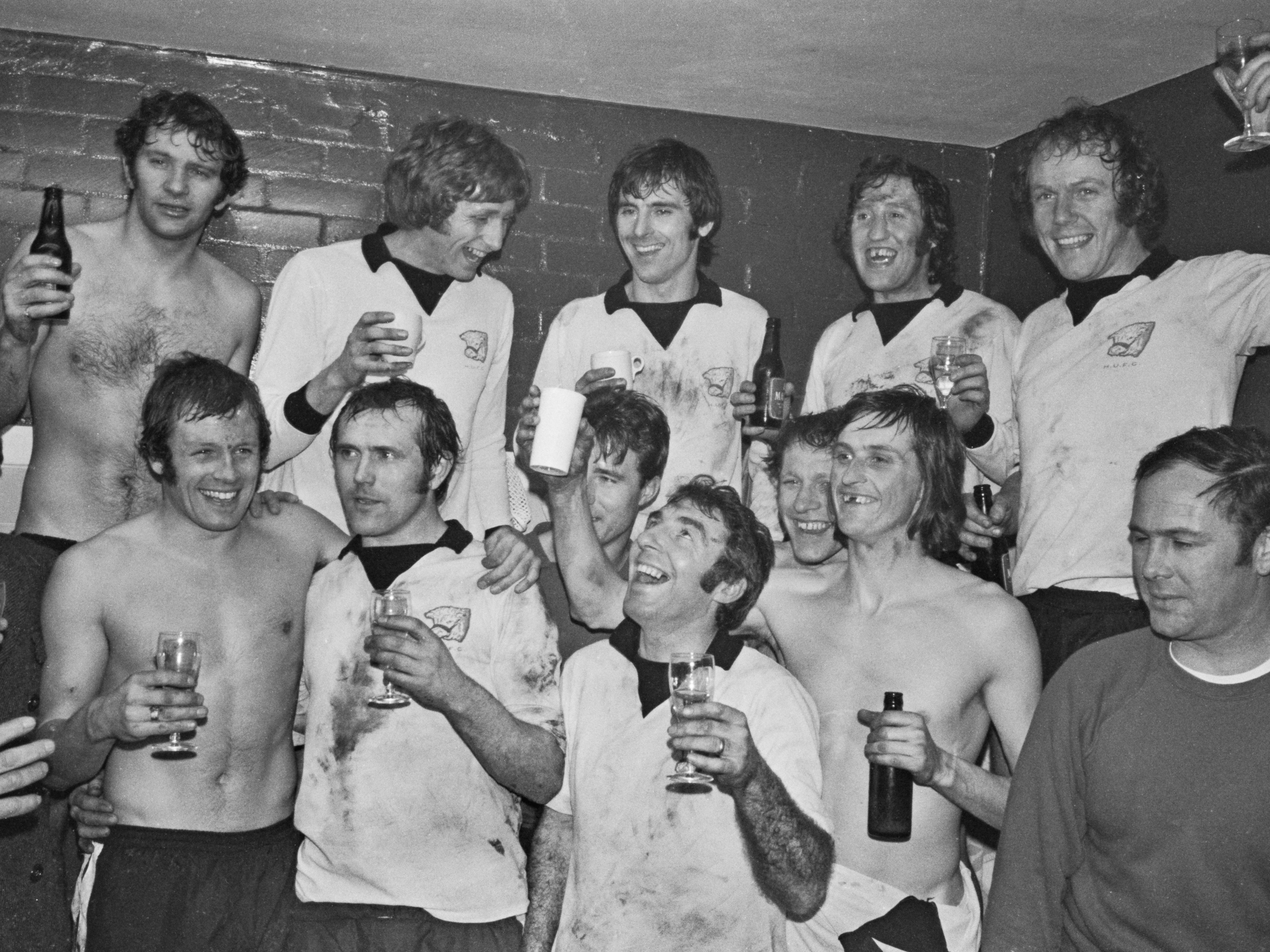 Hereford celebrate their stunning upset against Newcastle in 1972