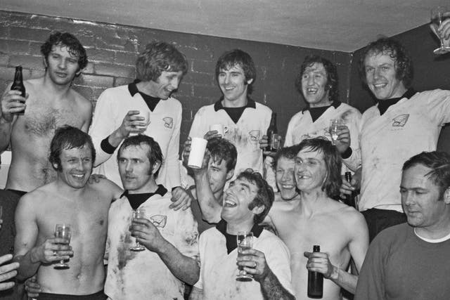 <p>Hereford celebrate their stunning upset against Newcastle in 1972</p>