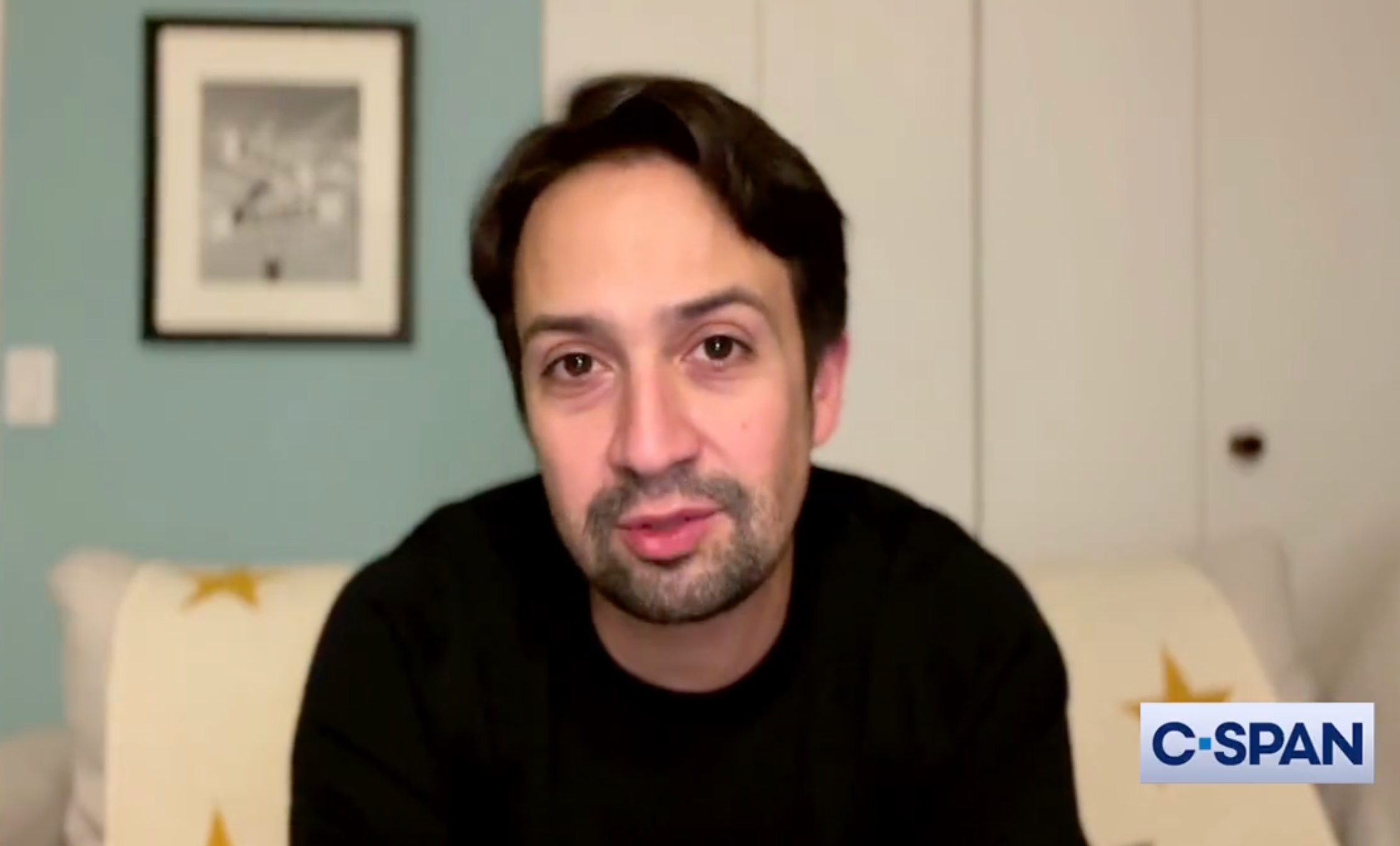 Lin-Manuel Miranda speaks in a pre-recorded video on the anniversary of the 6 January Capitol insurrection