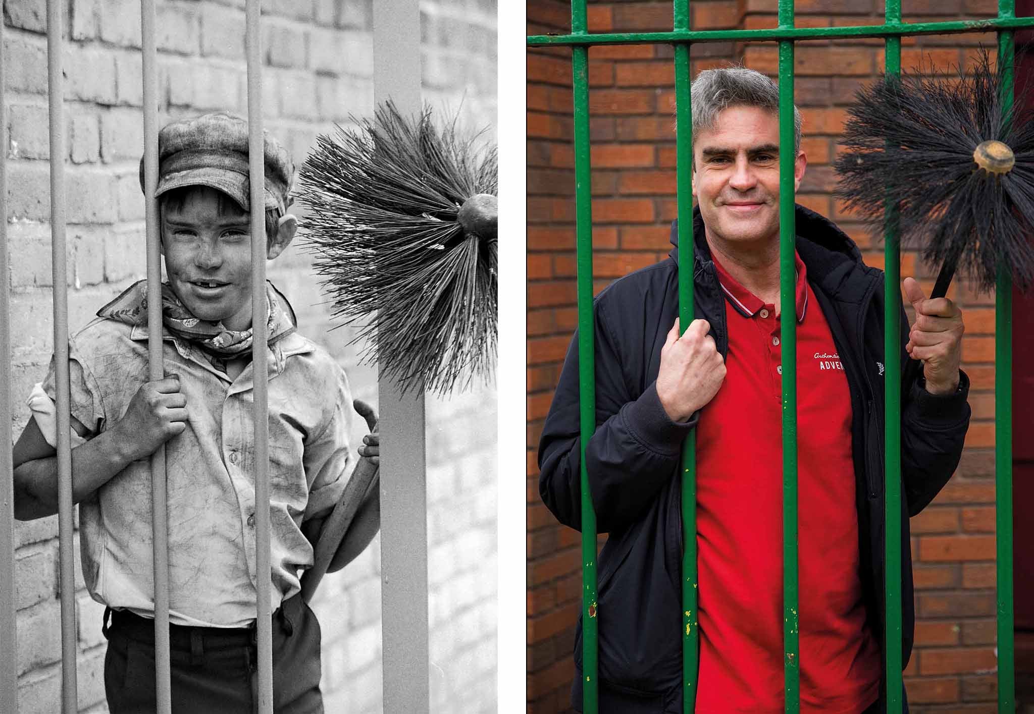 Andy Ireland dressed as a chimney sweep in 1981 and for the reunion picture in 2020