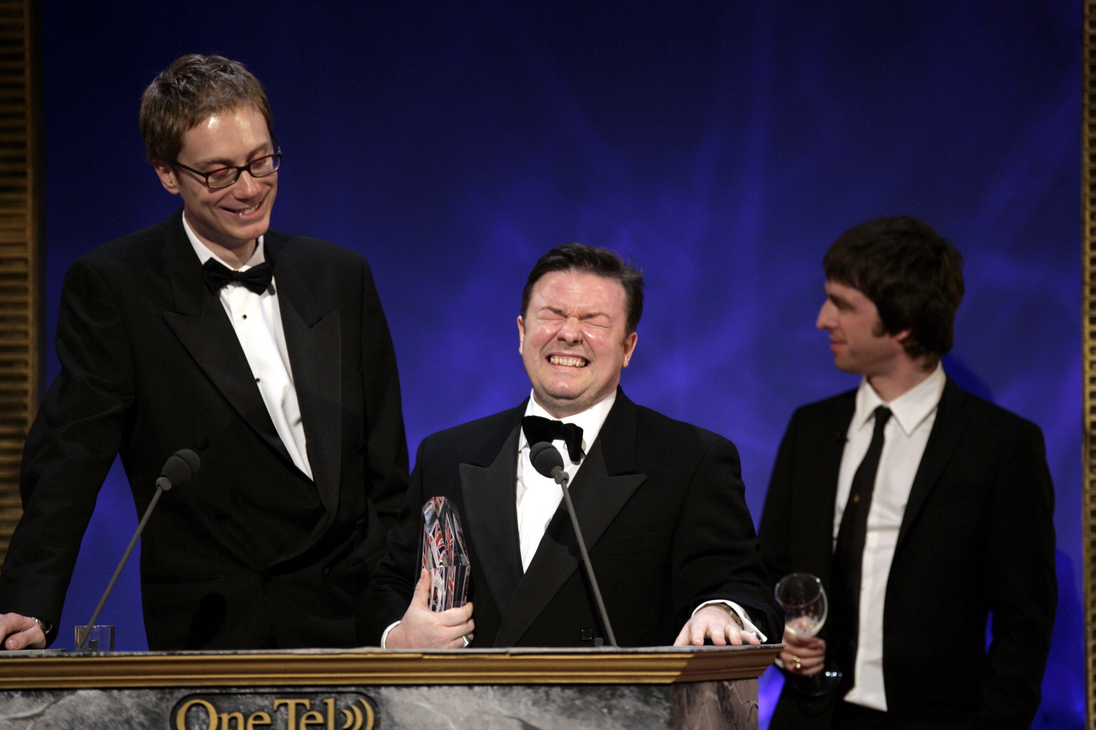 Stephen Merchant, Ricky Gervais and Noel Gallagher at the British Comedy Awards in London in 2004