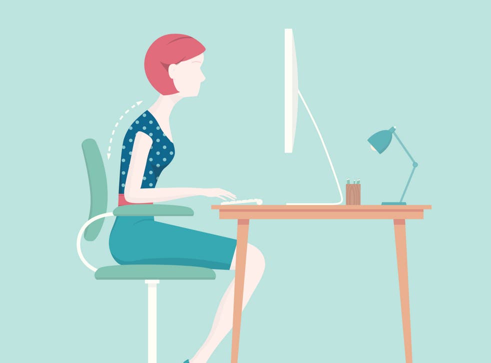 <p>A woman with bad posture sitting at an office desk </p>