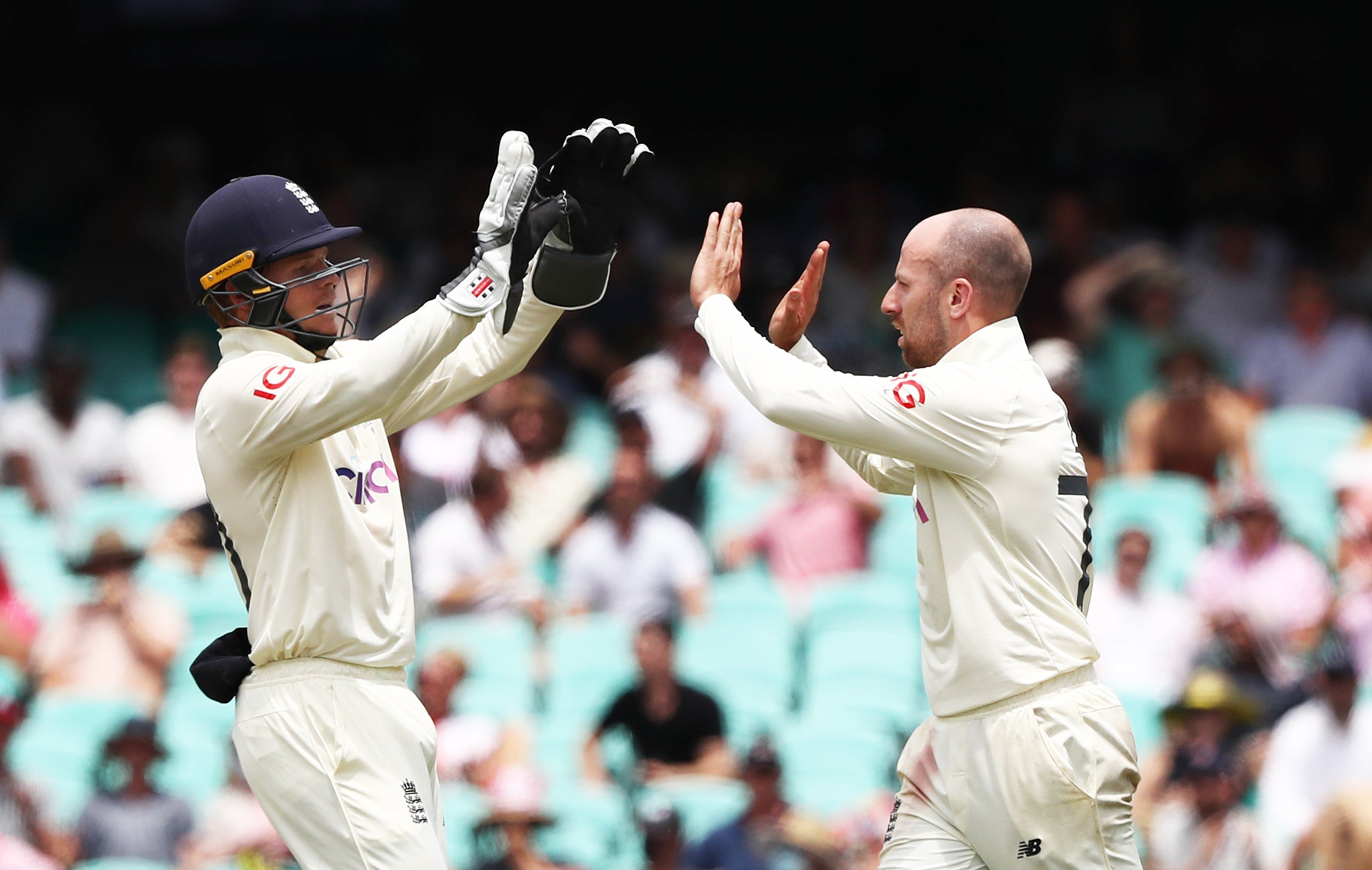 Jack Leach, right, was delighted to claim the wicket of Steve Smith (Jason O’Brien/PA)