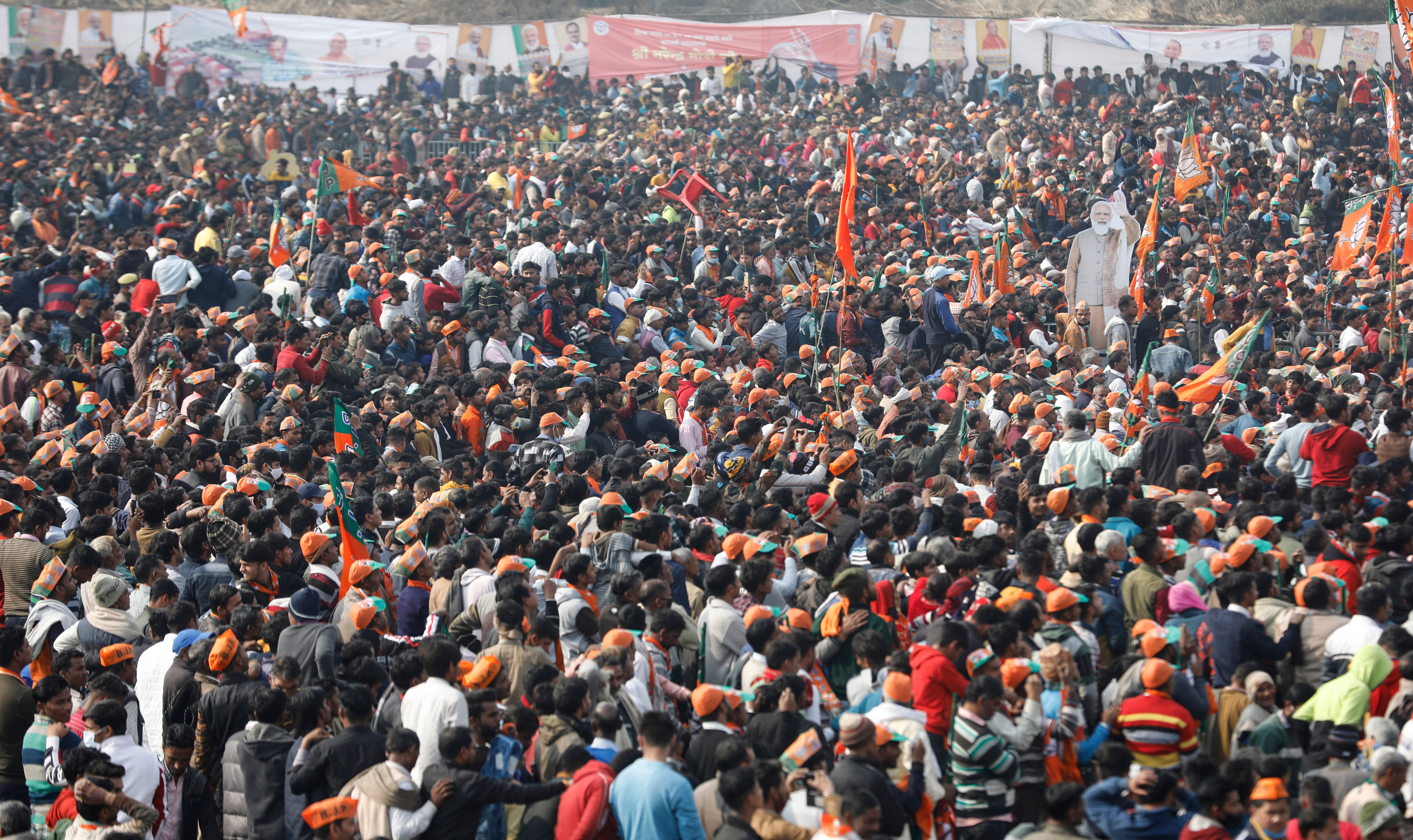 A crowd of supporters gather to listen to the Indian prime minister, Narendra Modi, in Meerut, Uttar Pradesh on 2 January