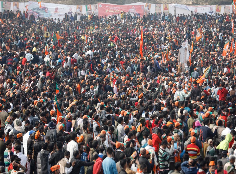 <p>A crowd of supporters gather to listen to the Indian prime minister, Narendra Modi, in Meerut, Uttar Pradesh  on 2 January </p>
