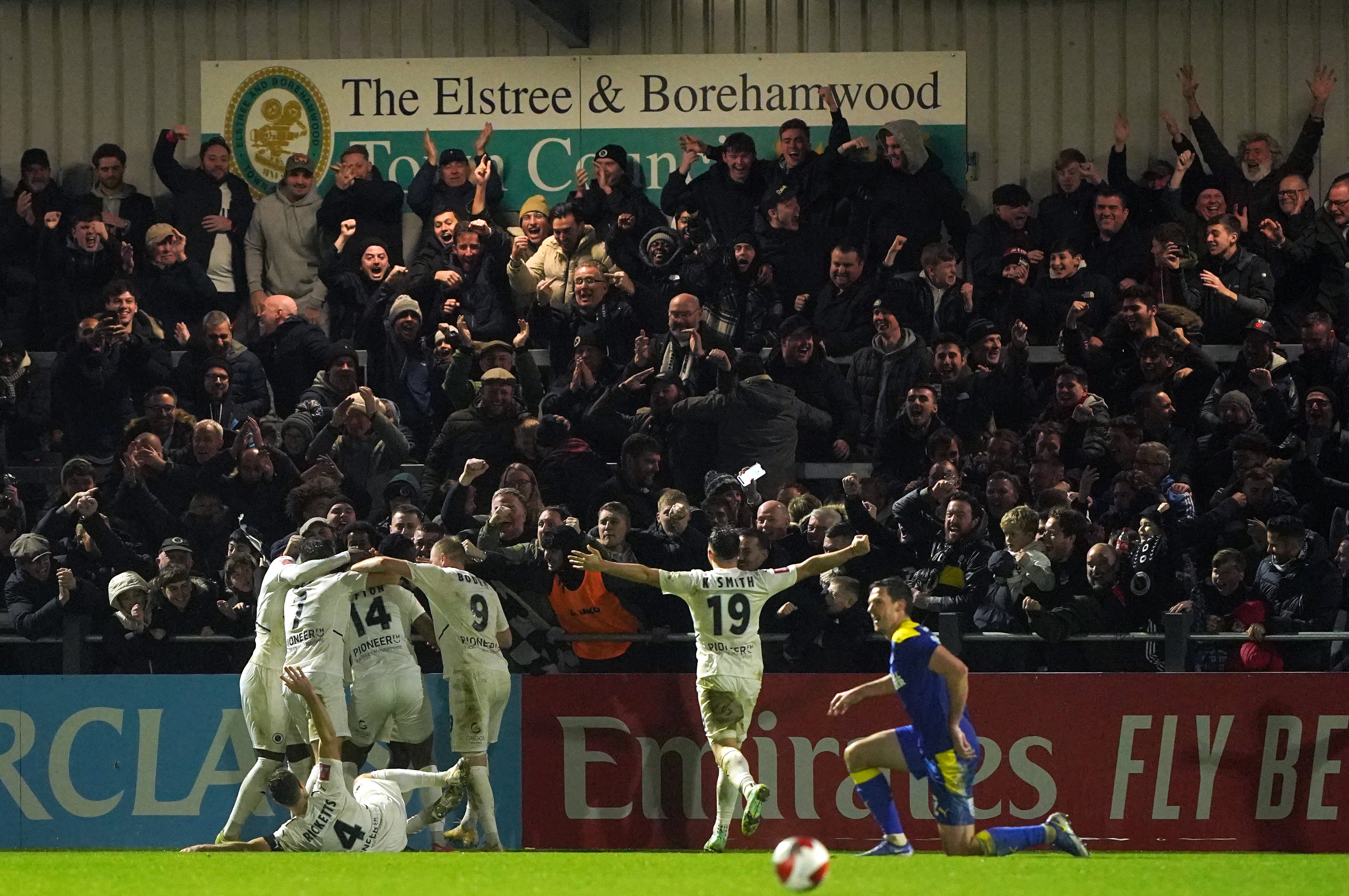 Adrian Clifton celebrates scoring Boreham Wood’s second goal (Jonathan Brady/PA)
