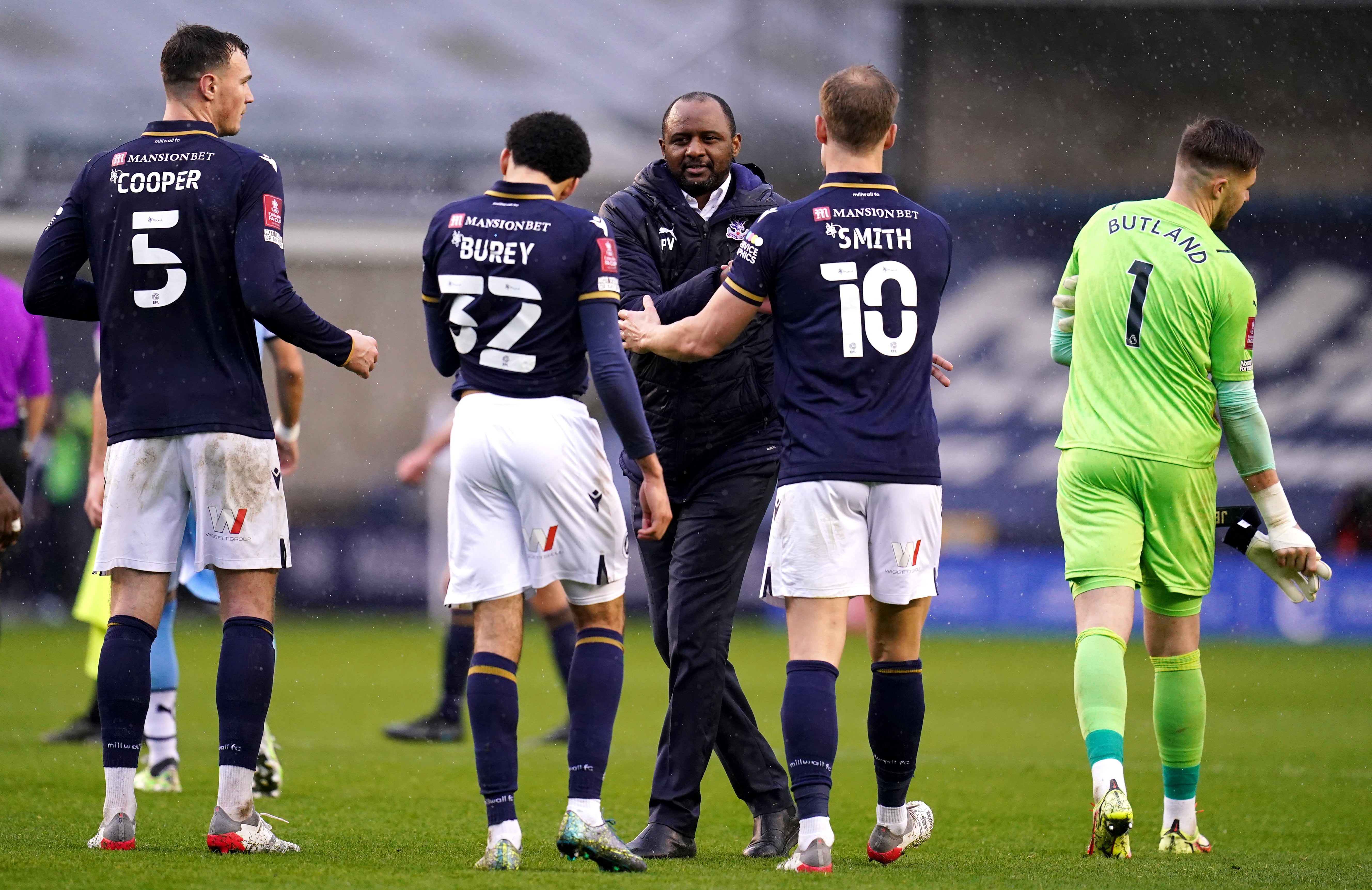 Crystal Palace manager Patrick Vieira (centre) saw his side come from behind to win at the Den (John Walton/PA)