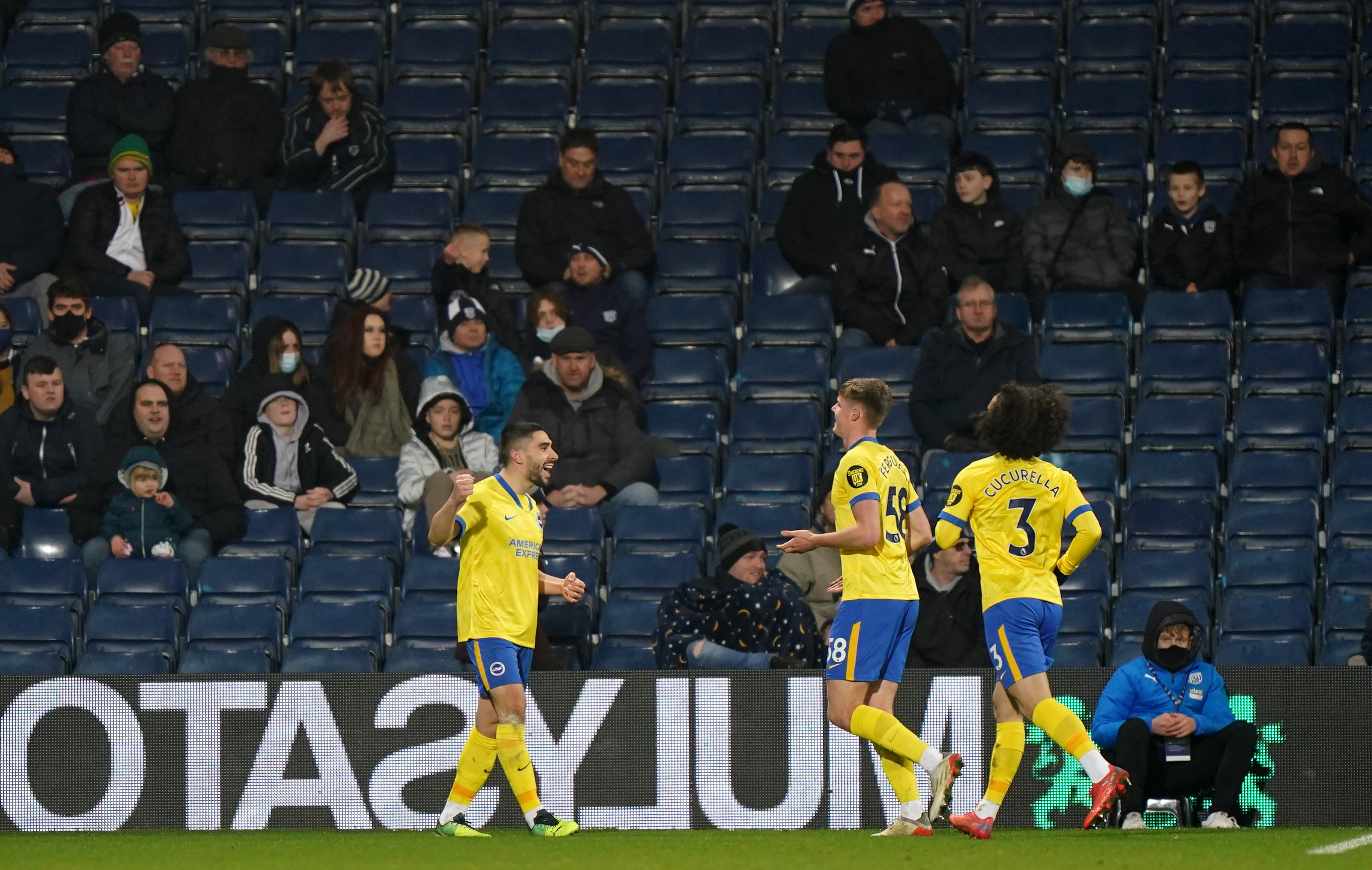 Neal Maupay (left) scores Brighton’s winner (Tim Goode/PA)