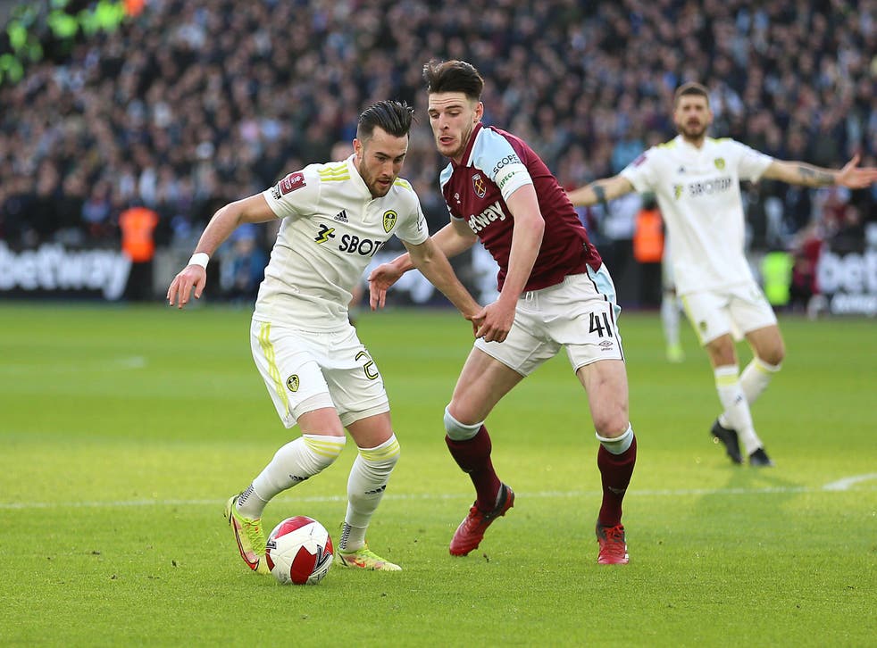 <p>Jack Harrison is tracked by Declan Rice</p>