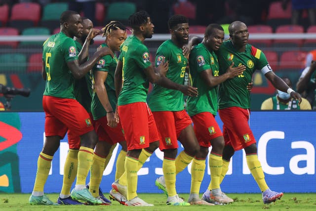 <p>Cameroon celebrate Vincent Aboubakar’s second penalty to complete the turnaround   </p>