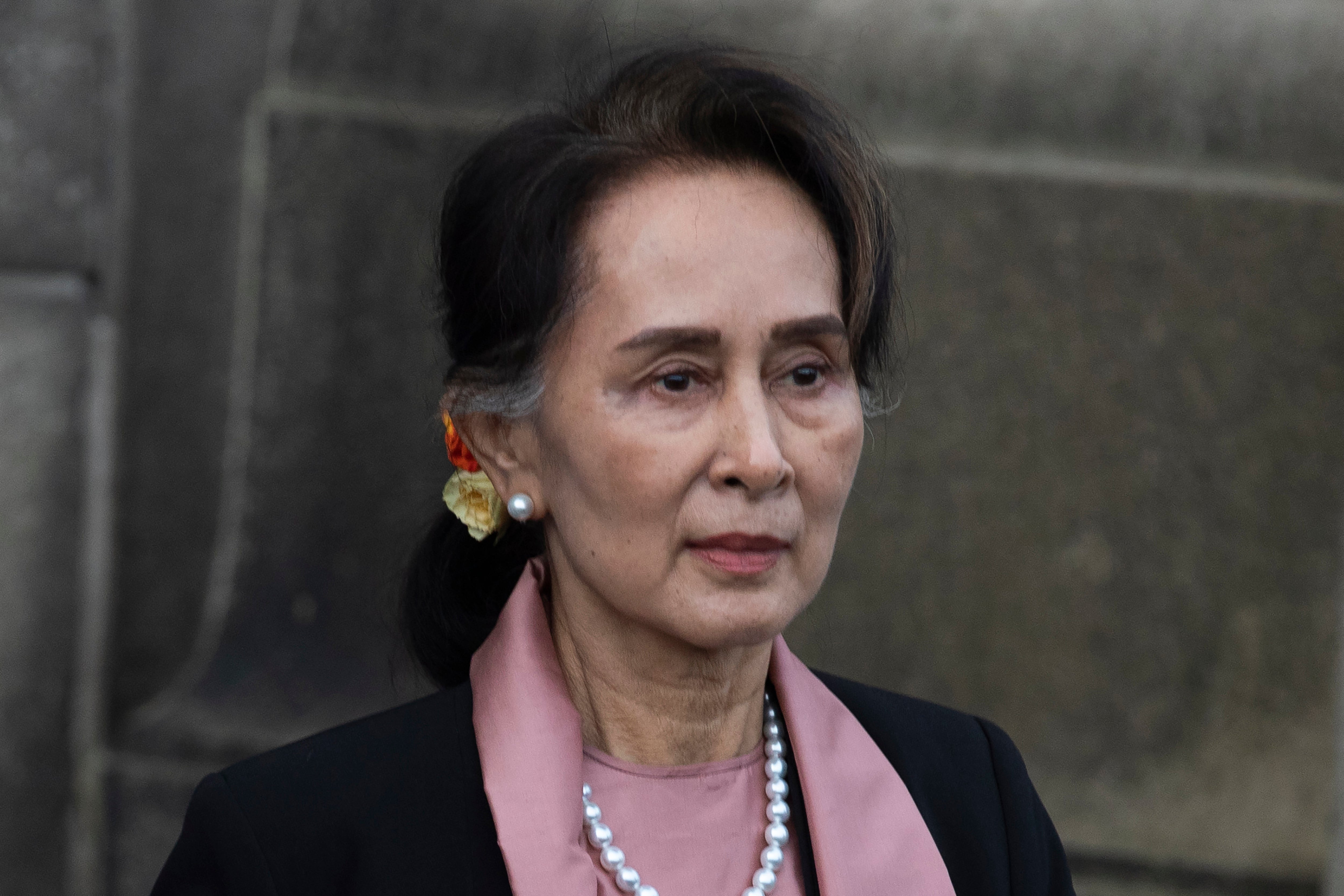 File image: Myanmar's then-leader Aung San Suu Kyi leaves the International Court of Justice