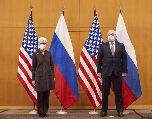 <p>US Deputy Secretary of State Wendy Sherman, left, and Russian deputy foreign minister Sergei Ryabkov attend security talks in Geneva, Switzerland, 10 January 2022</p>