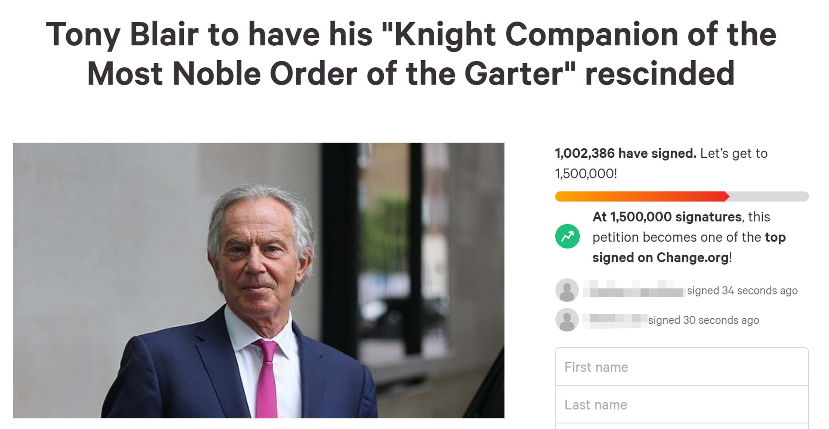 A screengrab from the Change.org website of a petition which aims to strip the former prime minister of his knighthood (Change.org/PA)