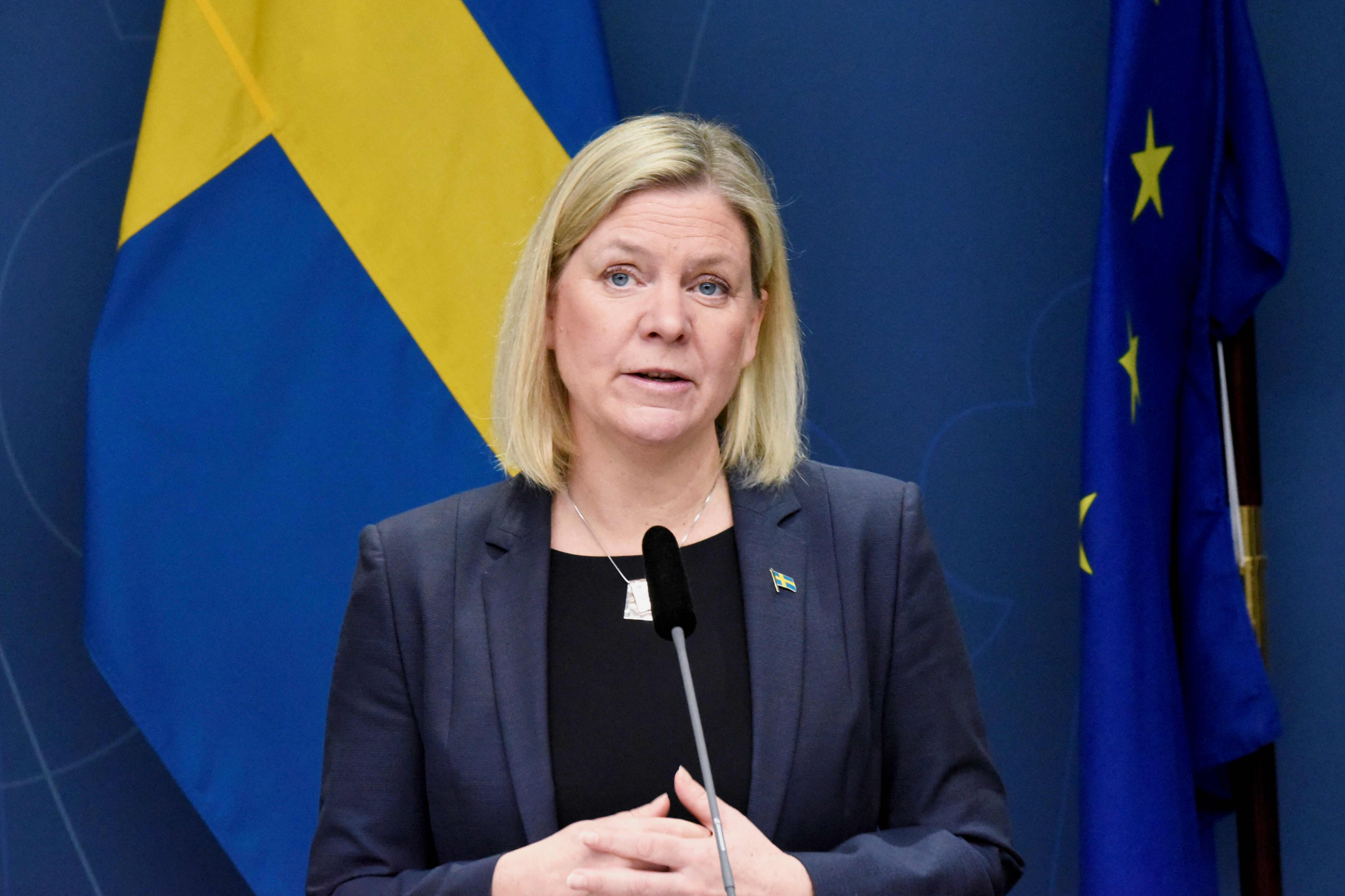 Sweden’s Prime Minister Magdalena Andersson speaks about new Covid restrictions during a press conference in Stockholm, 10 January 2022