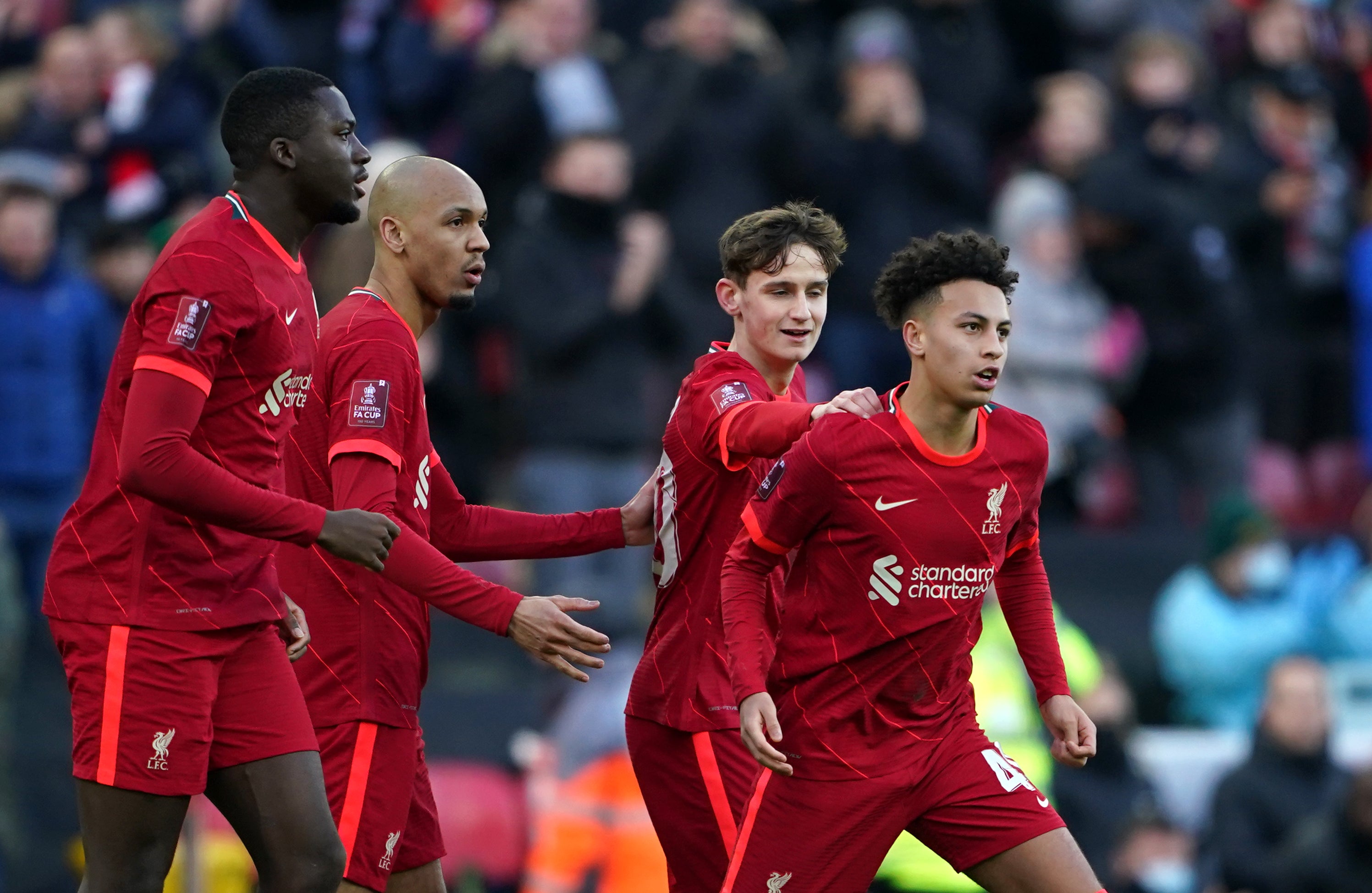 Kaide Gordon (right) on Sunday became Liverpool’s youngest FA Cup goalscorer (Peter Byrne/PA)