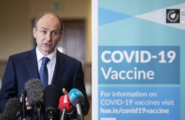 Taoiseach Micheal Martin at a press conference during a visit to the Citywest Covid-19 Vaccination Centre (Brian Lawless/PA)